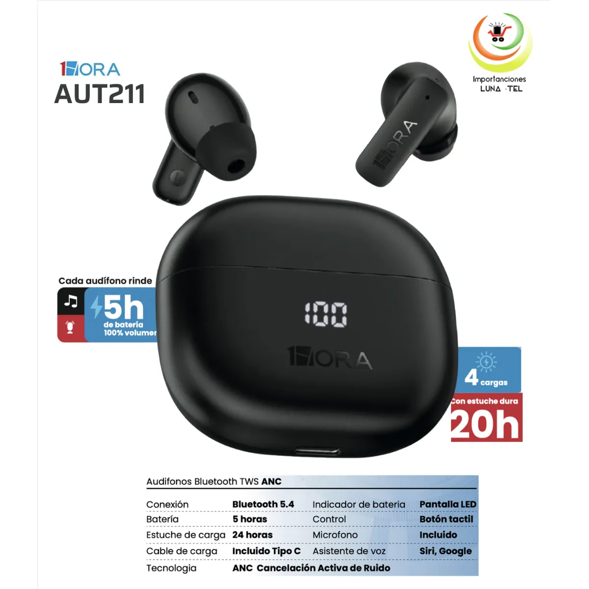 GENERICO - AUDIFONOS BLUETOOTH TWS, MODELO AUT211  NEGRO, MARCA 1HORA