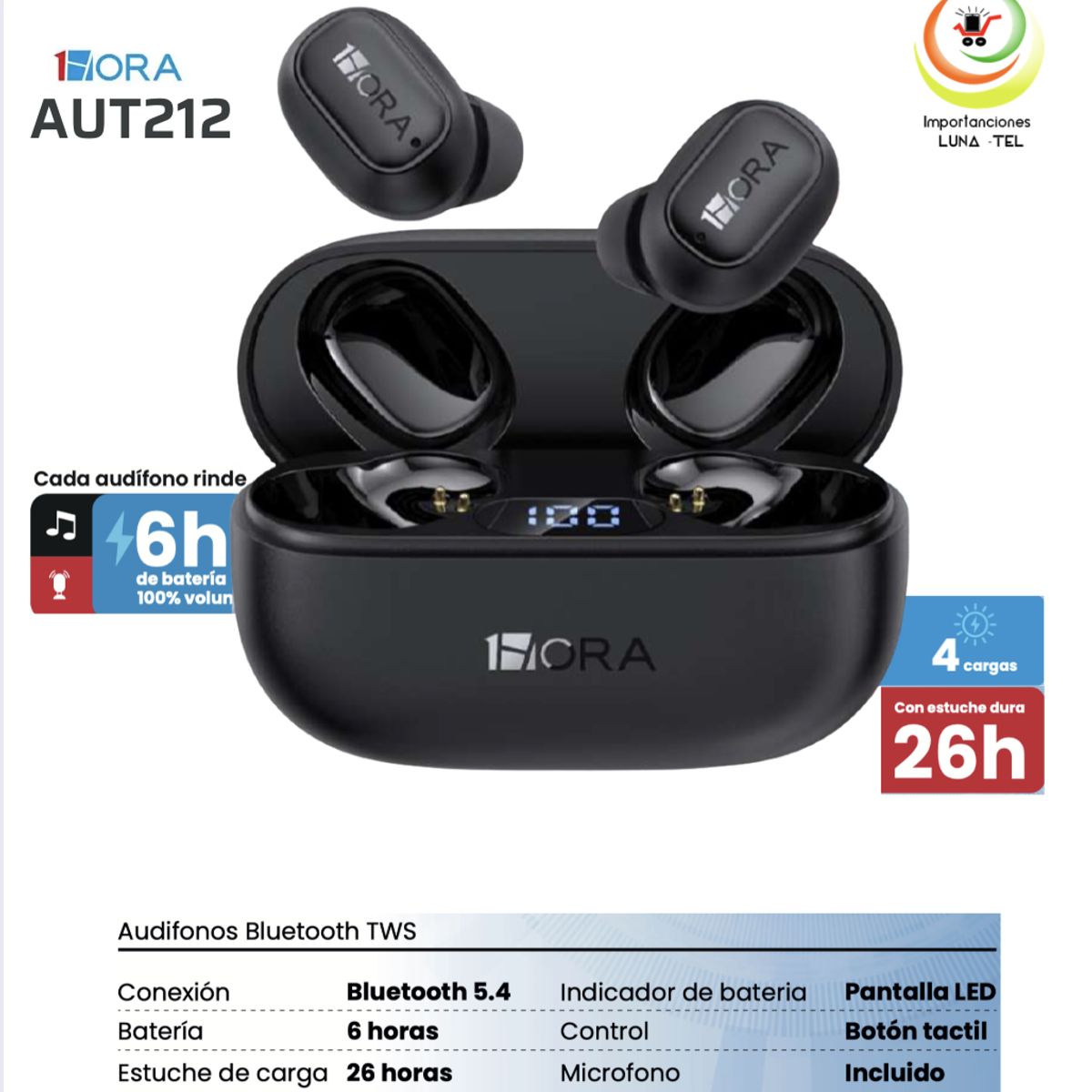 GENERICO - AUDIFONOS BLUETOOTH TWS, MODELO AUT212  NEGRO, MARCA 1HORA