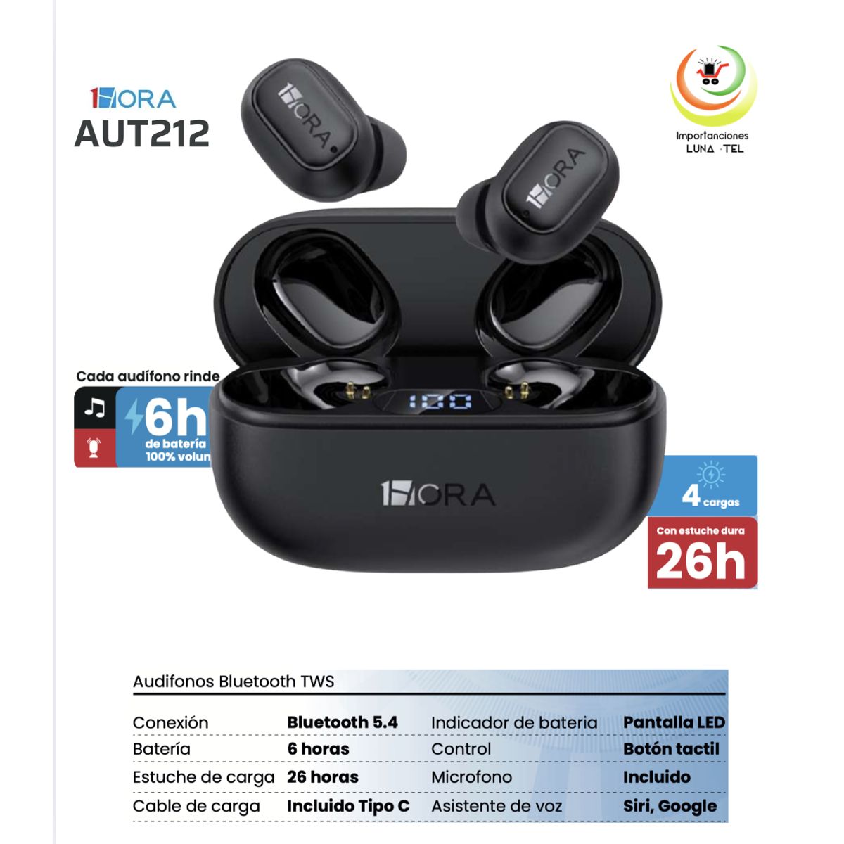 GENERICO - AUDIFONOS BLUETOOTH TWS, MODELO AUT212  NEGRO, MARCA 1HORA