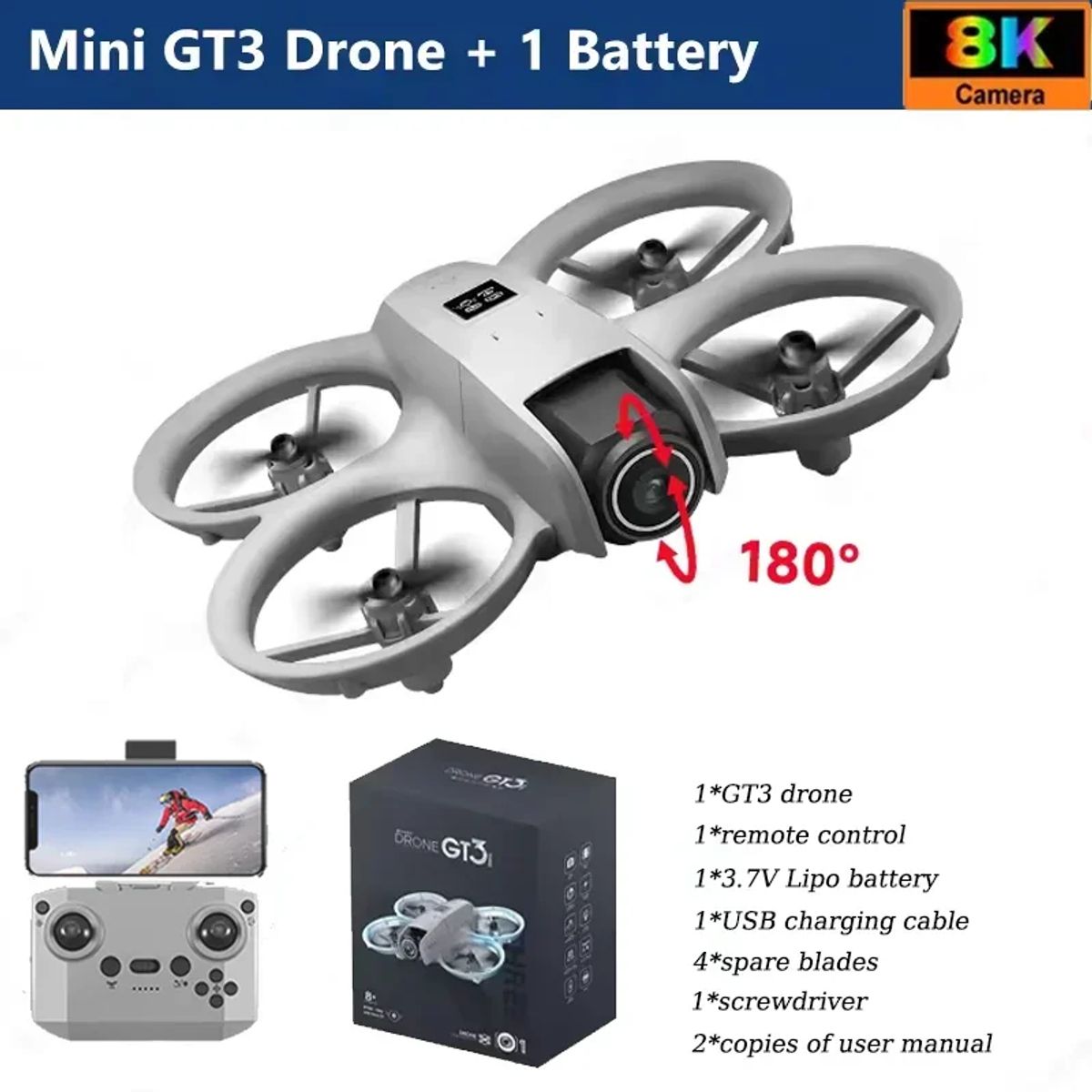 GENERICO - Dron GT3 Doble Cámara 4K Luces LED + CR + Lentes Realidad Virtual  VR VideoHD Foto 4K Navidad Genieka