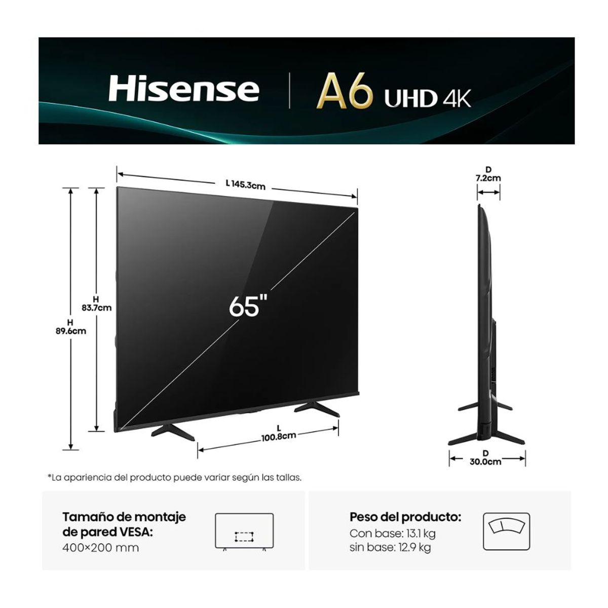 HISENSE - Televisor Hisense 65'' VIDAA UHD 4K 65A6NV 2025 + Ant