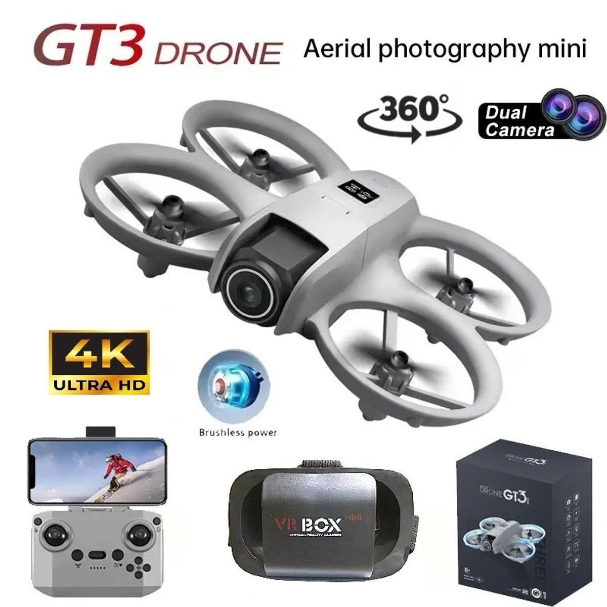 GENERICO - Mini Drone GT3 Dual Camera 4K Luces LED Lentes de Realidad Virtual  VR + CR Regalo Navidad Genieka