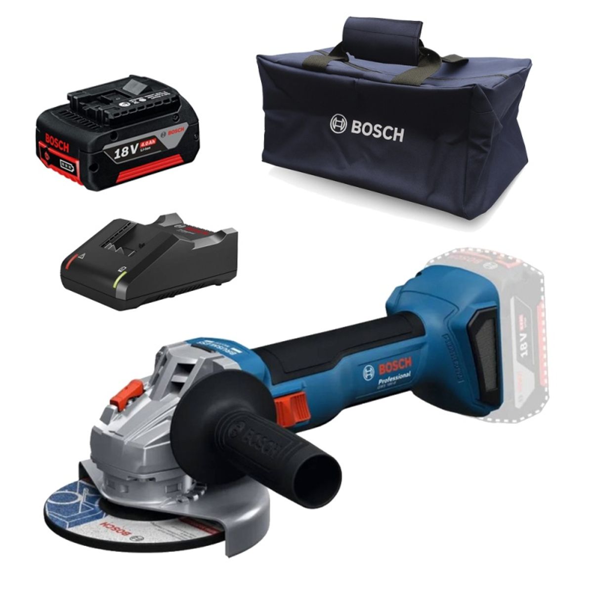 BOSCH - Amoladora Angular 5" 18V Brushless + Batería 4.0 Ah + Cargador + Bolso Bosch 0615.A50.0CR