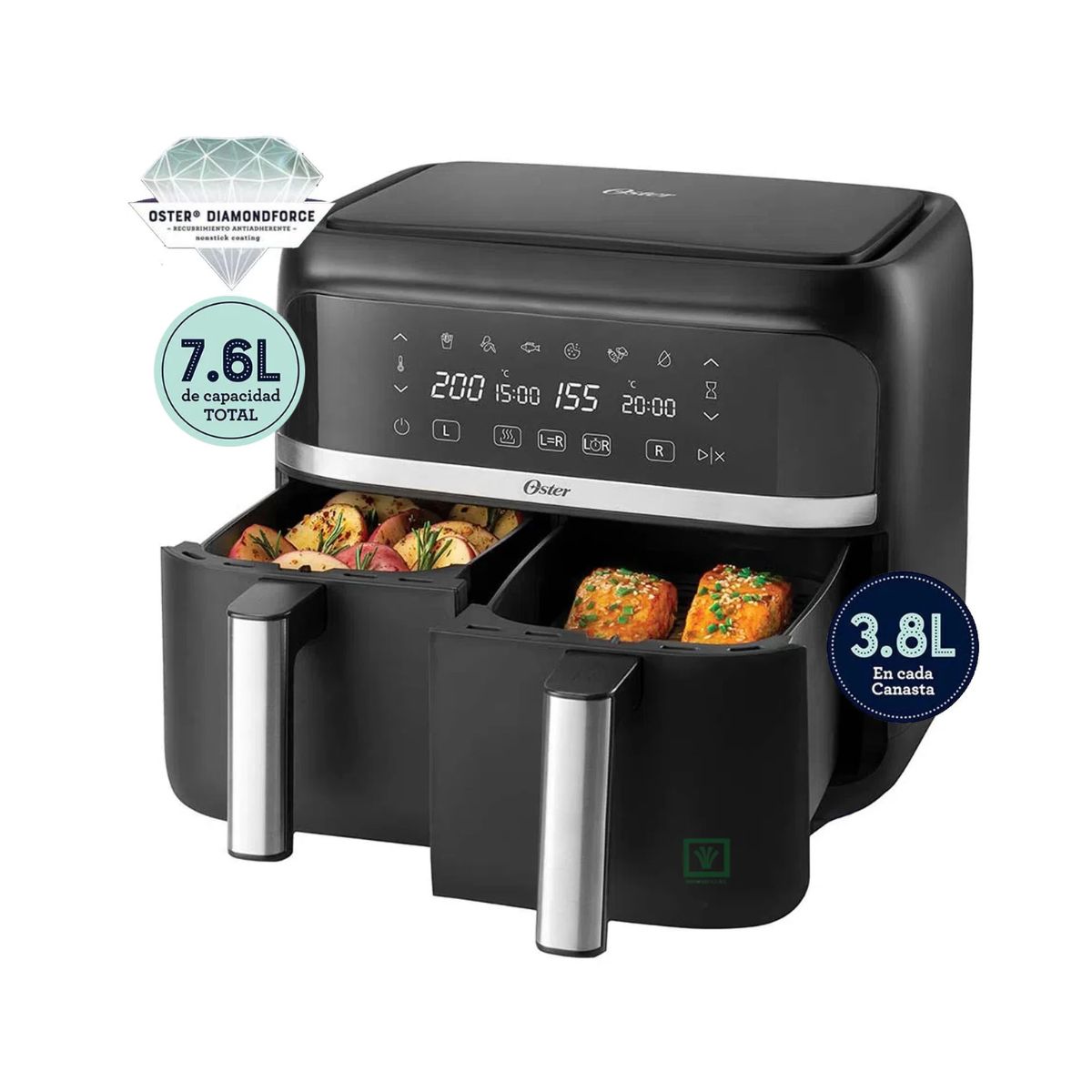 OSTER - Freidora de aire dual Oster® de 76L con recubrimiento DiamondForce CKSTAF7MCDDF
