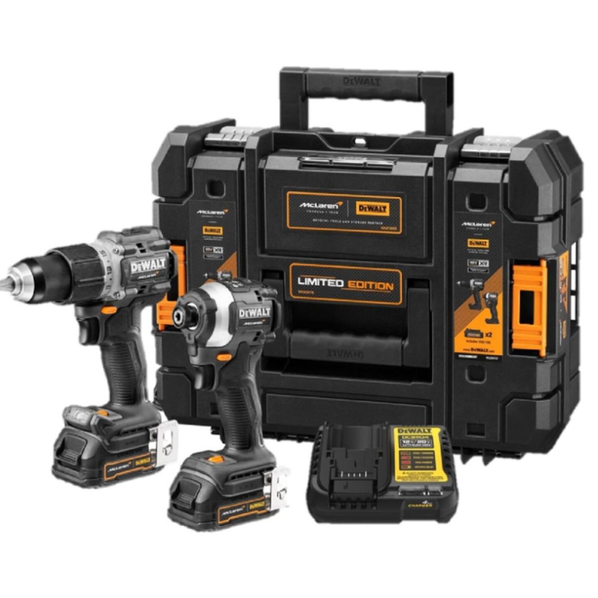 DEWALT - Taladro Percutor 12 + Atornillador de Impacto 14 Hex 20V Brushless Dewalt x McLaren