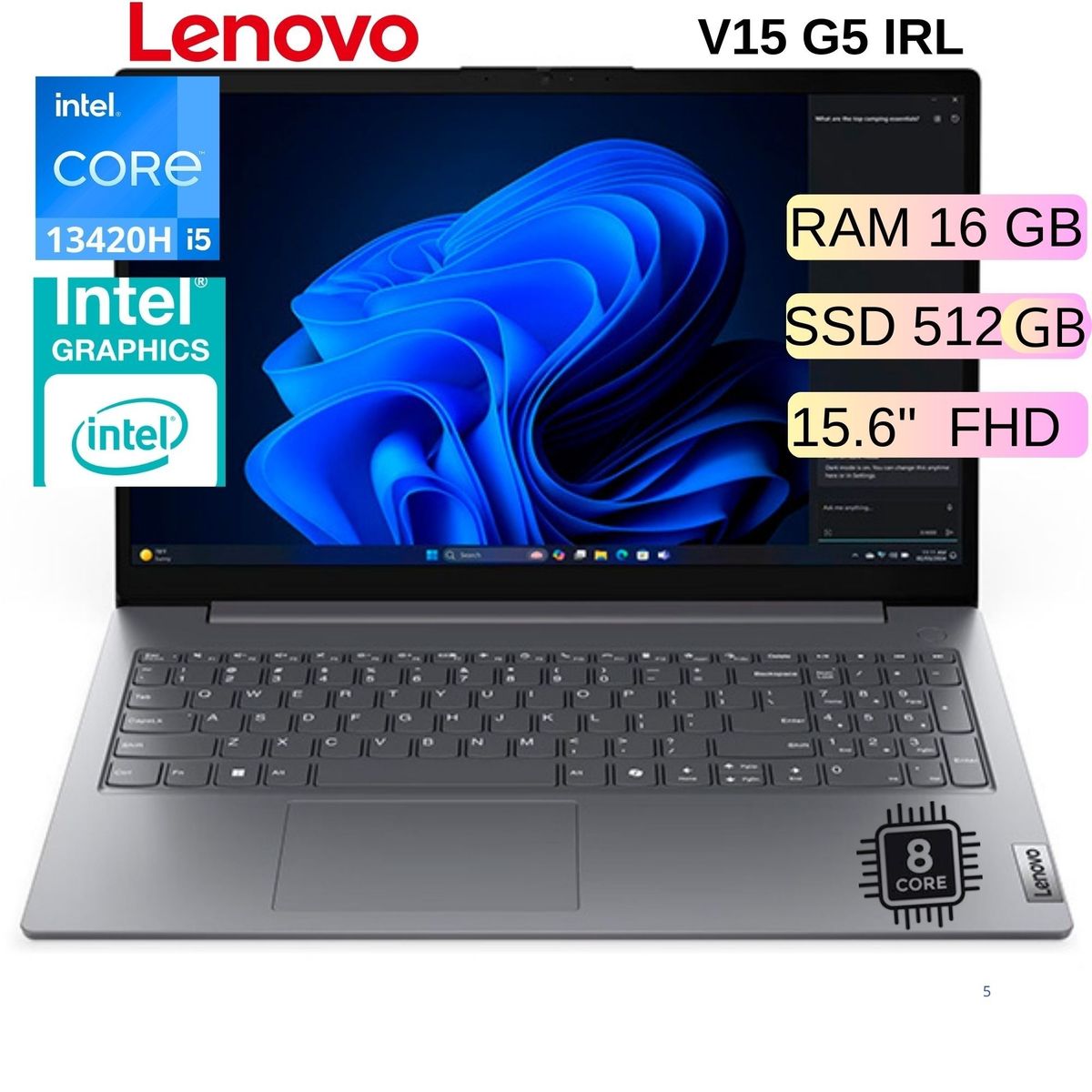 LENOVO - Laptop Lenovo V15 G5 IRL, intel Core i513420H , Ram 16GB, SSD 512GB, 15.6 FHD ( 83GW005JLD)
