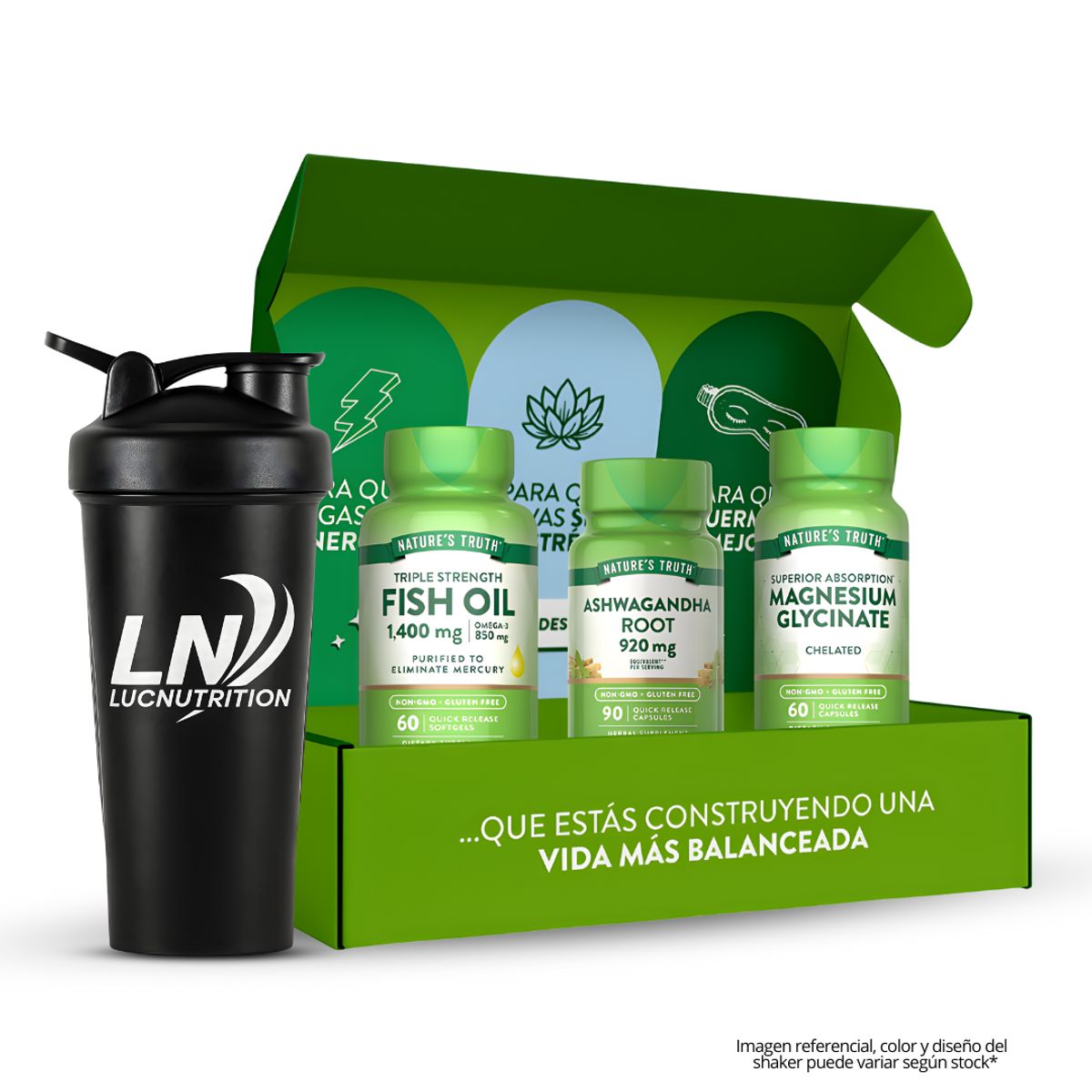 NATURE'S TRUTH - BOX Glicinato de Magnesio, Omega 3 Fish Oil 1400 mg y Ashwagandha Root - Nature´s Truth + Shaker