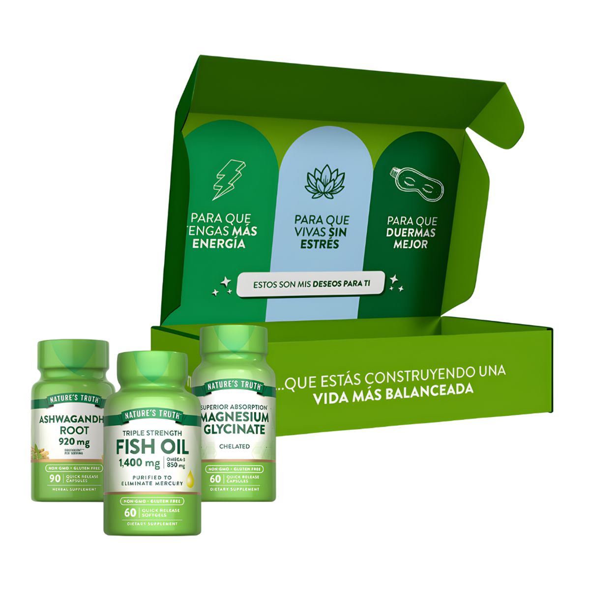 NATURE'S TRUTH - BOX Glicinato de Magnesio, Omega 3 Fish Oil 1400 mg y Ashwagandha Root - Nature´s Truth + Shaker