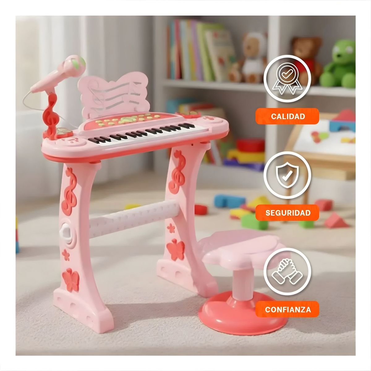 OEM - Set Musical Infantil con Piano Micrófono y Silla Rosado