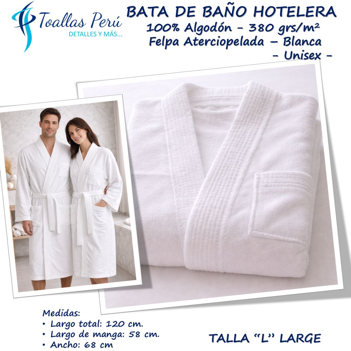 TOALLAS PERU DETALLES Y MAS - Bata de Baño Hotelera Premium 100% Algodón felpa Aterciopelada - Talla L -Large- Unisex
