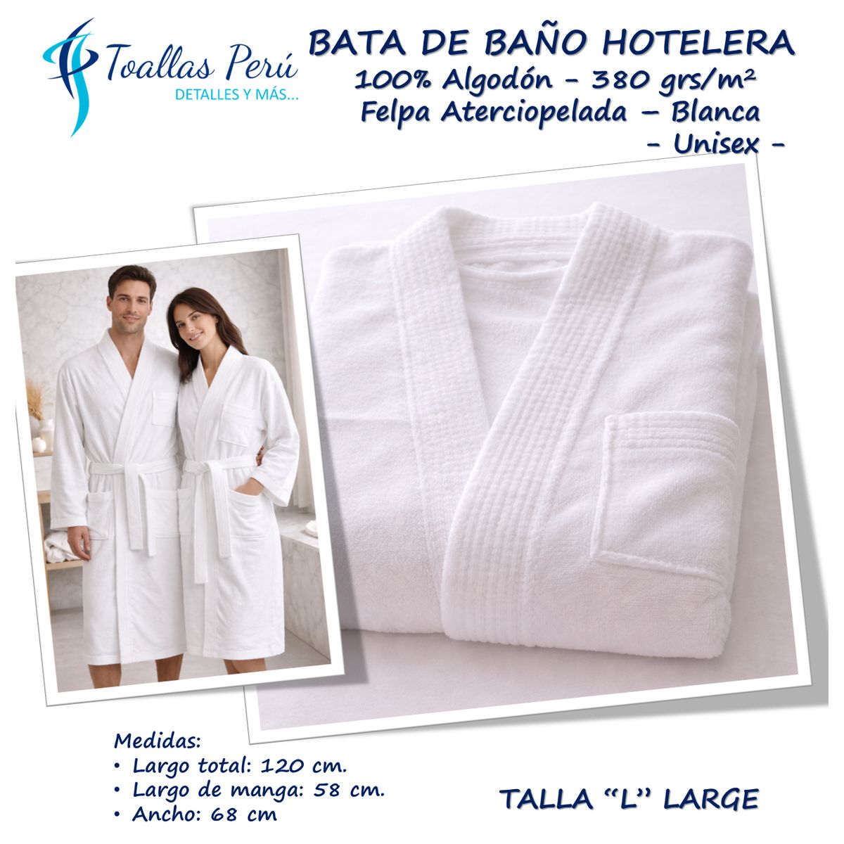 TOALLAS PERU DETALLES Y MAS - Bata de Baño Hotelera Premium 100% Algodón felpa Aterciopelada - Talla L -Large- Unisex