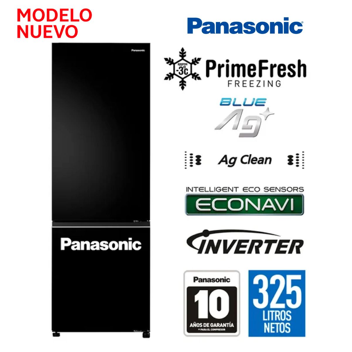 PANASONIC - Refrigeradora Panasonic Bottom Freezer NR-BV361BPKE Negro Espejado 325L