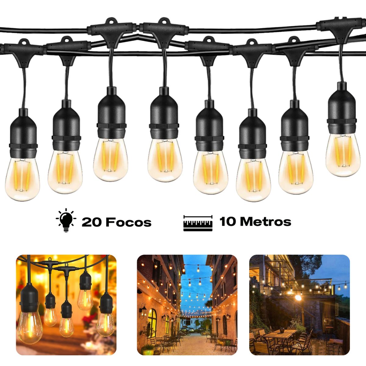SEISA - Foco Luces Guirnaldas 10 Metros 20 focos para Exterior Balcon Terrazas Jardín Fiesta