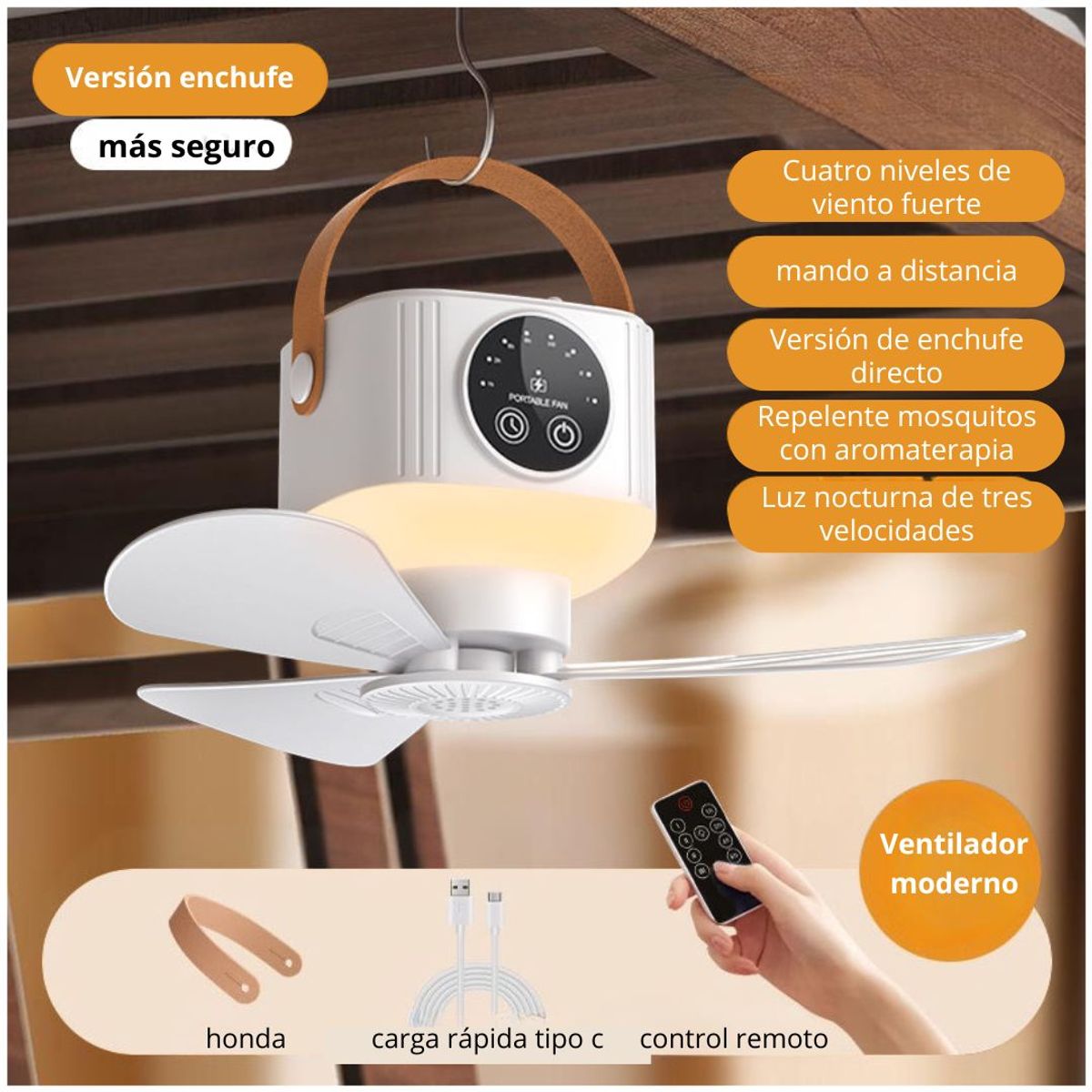 GENERICO - Ventilador de Techo Portátil USB Tipo C con Luz Nocturna, Control Remoto y 4 Velocidades