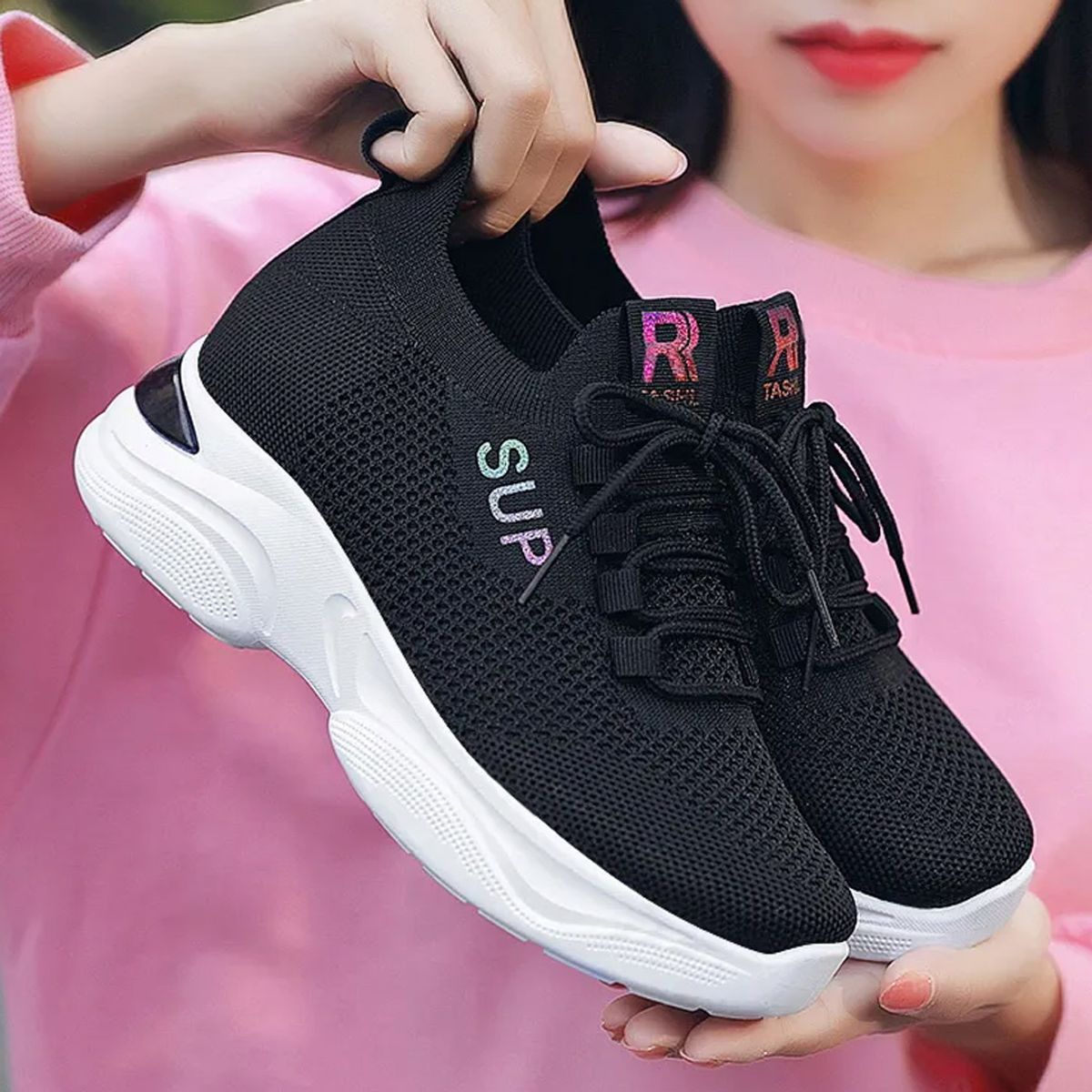 GENERICO - Zapatillas con taco incorporado de malla para mujer transpirables y cordones