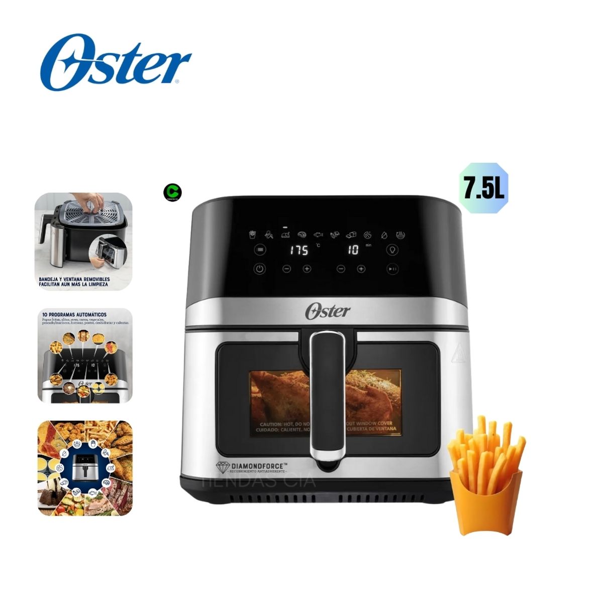 OSTER - Oster® Freidora de Aire Digital, Recubrimiento DiamondForce, 7.5L  CKSTAF75WDSSDF