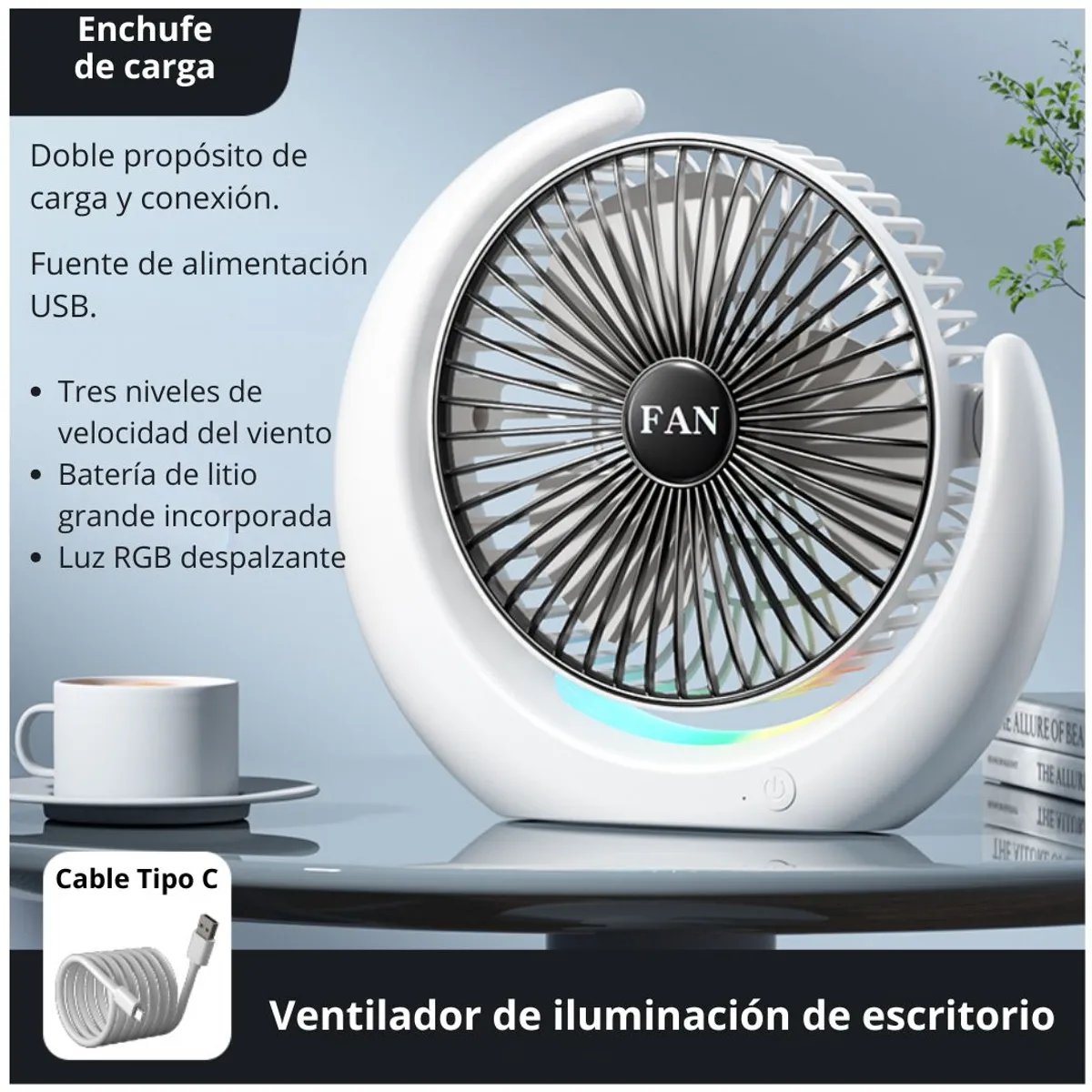 GENERICO - Ventilador de Escritorio RGB Tipo Luna Silencioso con 3 Velocidades Ajustables y Luz Ambiental