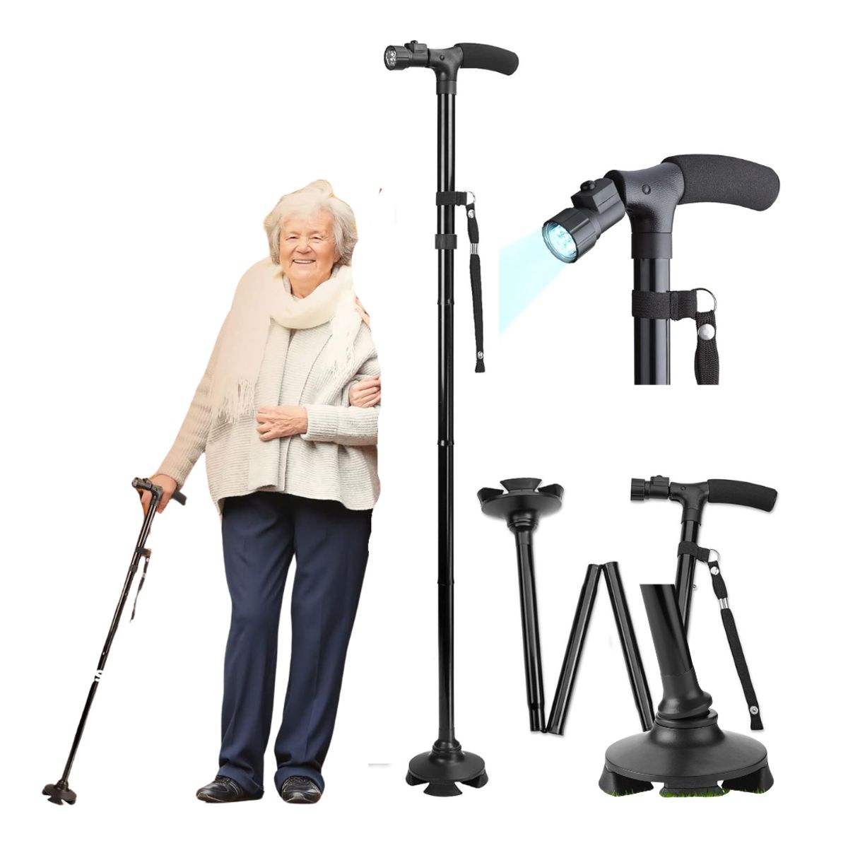 GENERICO - Bastón Plegable con Luz LED-,con 4 Apoyos Antideslizantes - Altura Regulable - Negro