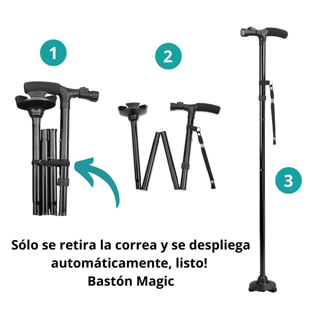 GENERICO - Bastón Plegable con Luz LED-,con 4 Apoyos Antideslizantes - Altura Regulable - Negro
