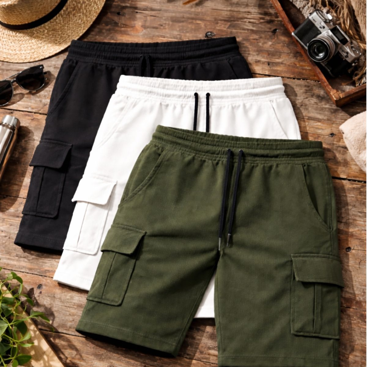 ENKI - SHORT CARGO HOMBRE ENKI PACK X3 ALGODÓN WAFFLE NEGRO BLANCO VERDE