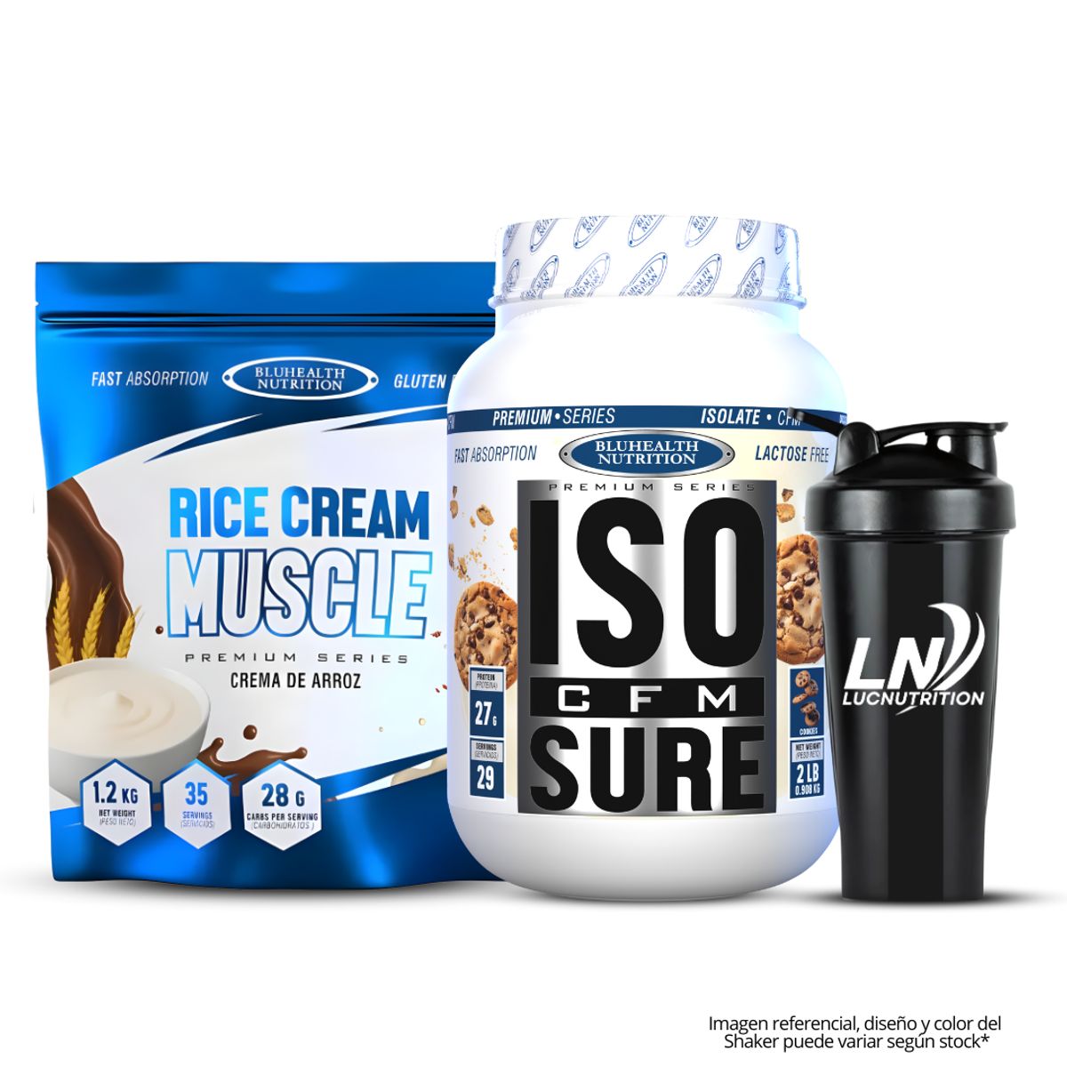 GENERICO - ISO CFM SURE 2 LB - Cookie and Cream + Crema de Arroz Bluhealth Nutrition 1.2 KG - Chocolate + Shaker