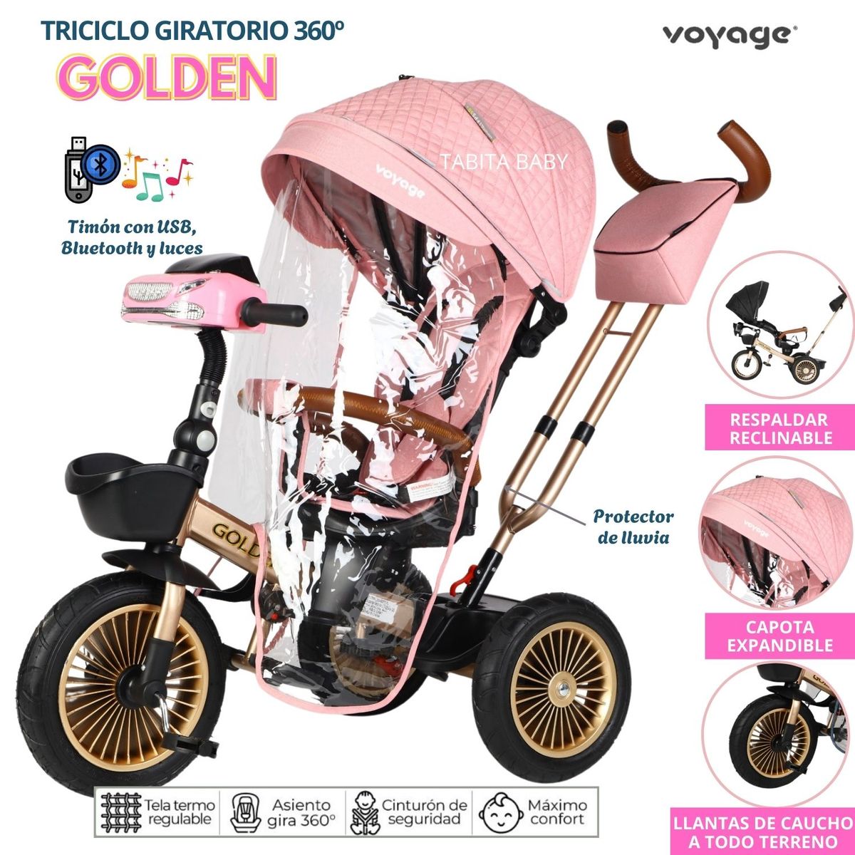 VOYAGE - Triciclo con Asiento Giratorio Musical y luces GOLDEN Rosado
