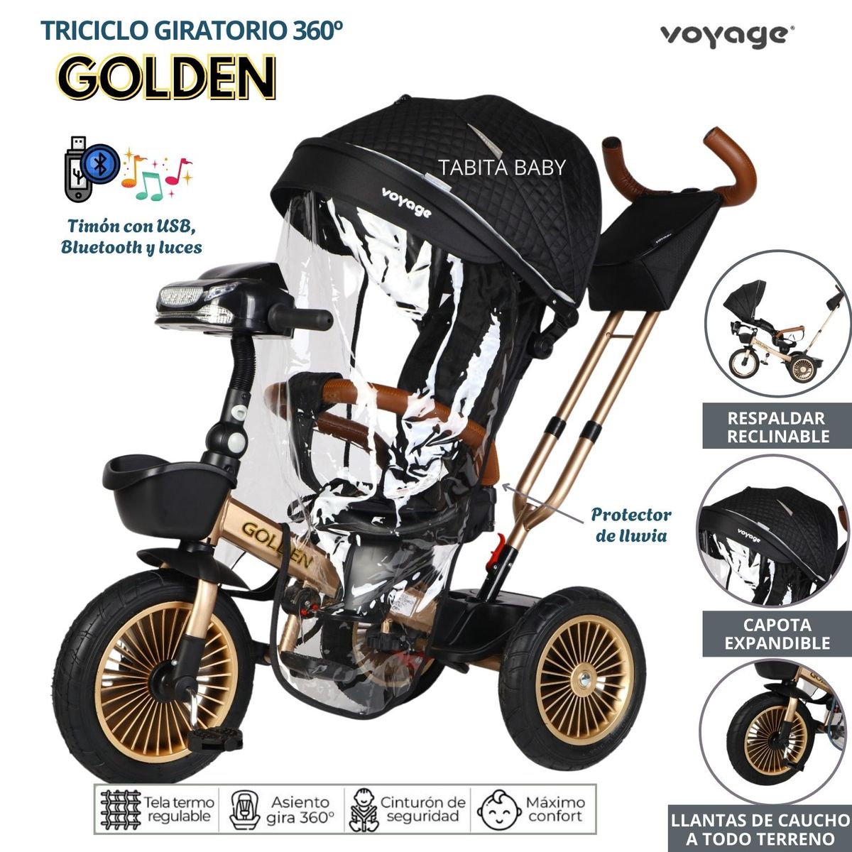 VOYAGE - Triciclo Reclinable Musical y Luces con Protector de lluvia Golden Negro