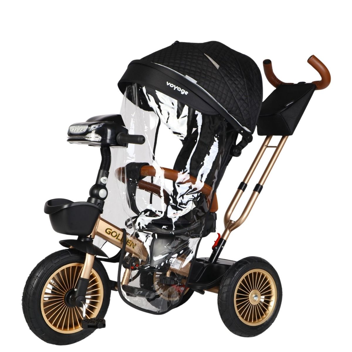 VOYAGE - Triciclo Reclinable Musical y Luces con Protector de lluvia Golden Negro