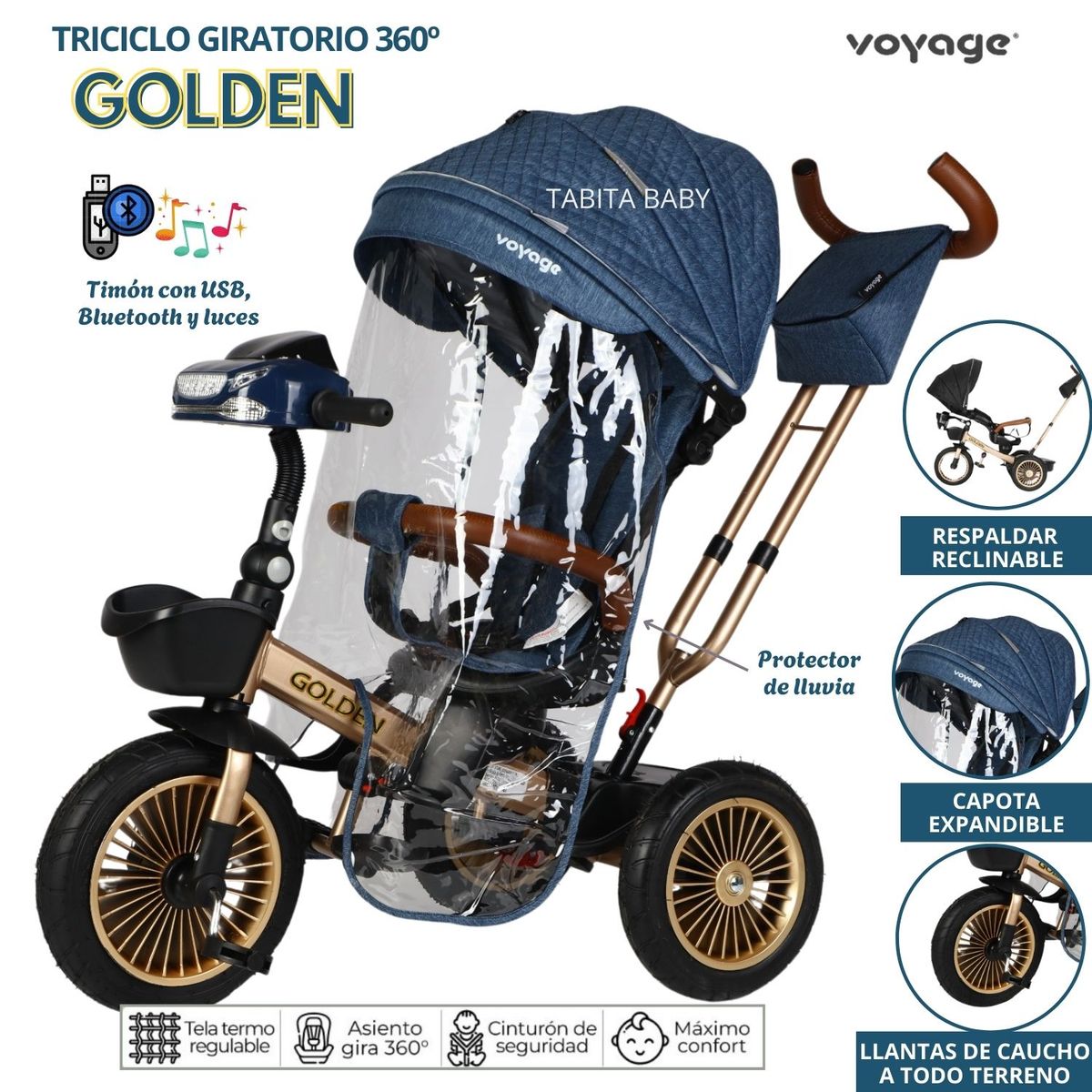 VOYAGE - Triciclo Reclinable Musical y Luces con Protector de lluvia Golden Azul