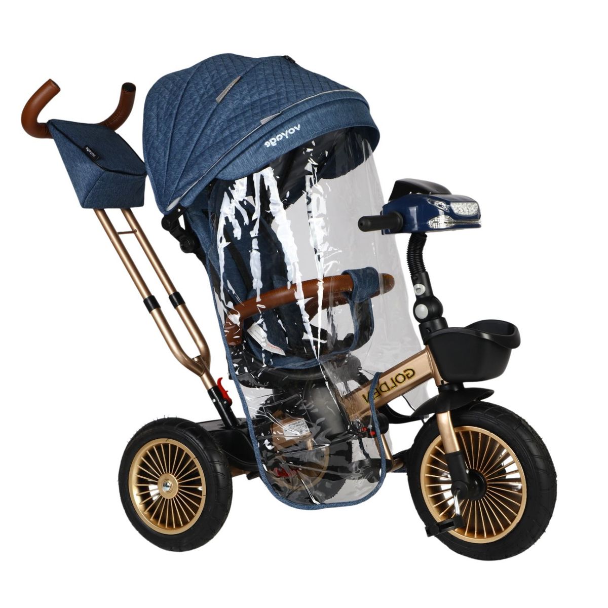 VOYAGE - Triciclo Reclinable Musical y Luces con Protector de lluvia Golden Azul