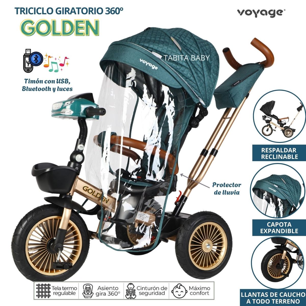 VOYAGE - Triciclo Reclinable Musical y Luces con Protector de lluvia Golden Verde
