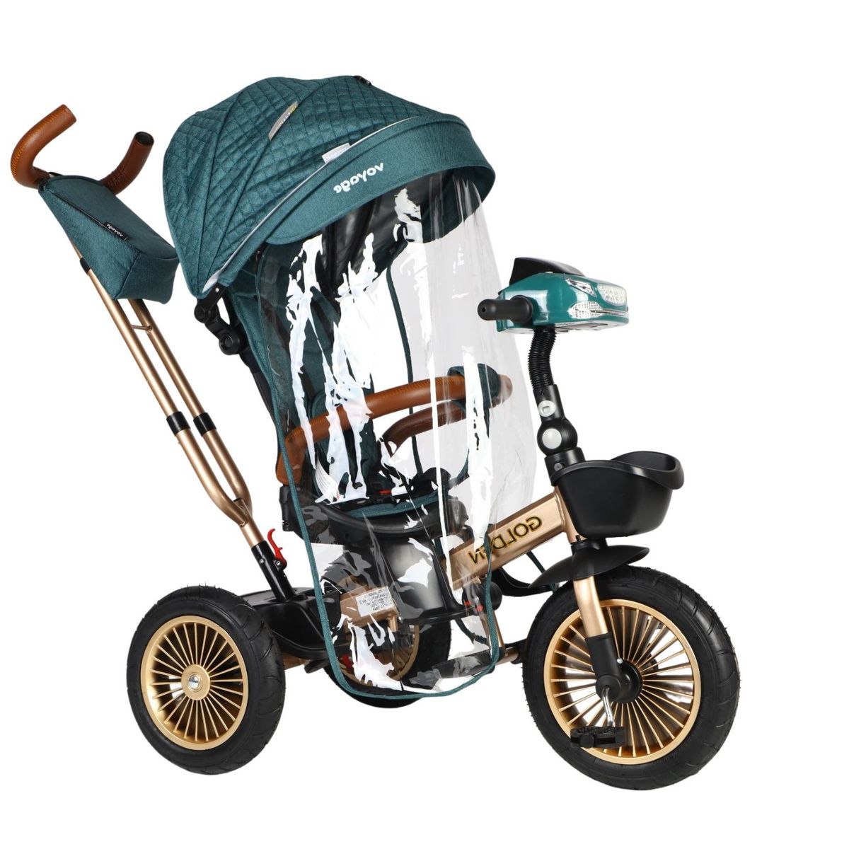 VOYAGE - Triciclo Reclinable Musical y Luces con Protector de lluvia Golden Verde