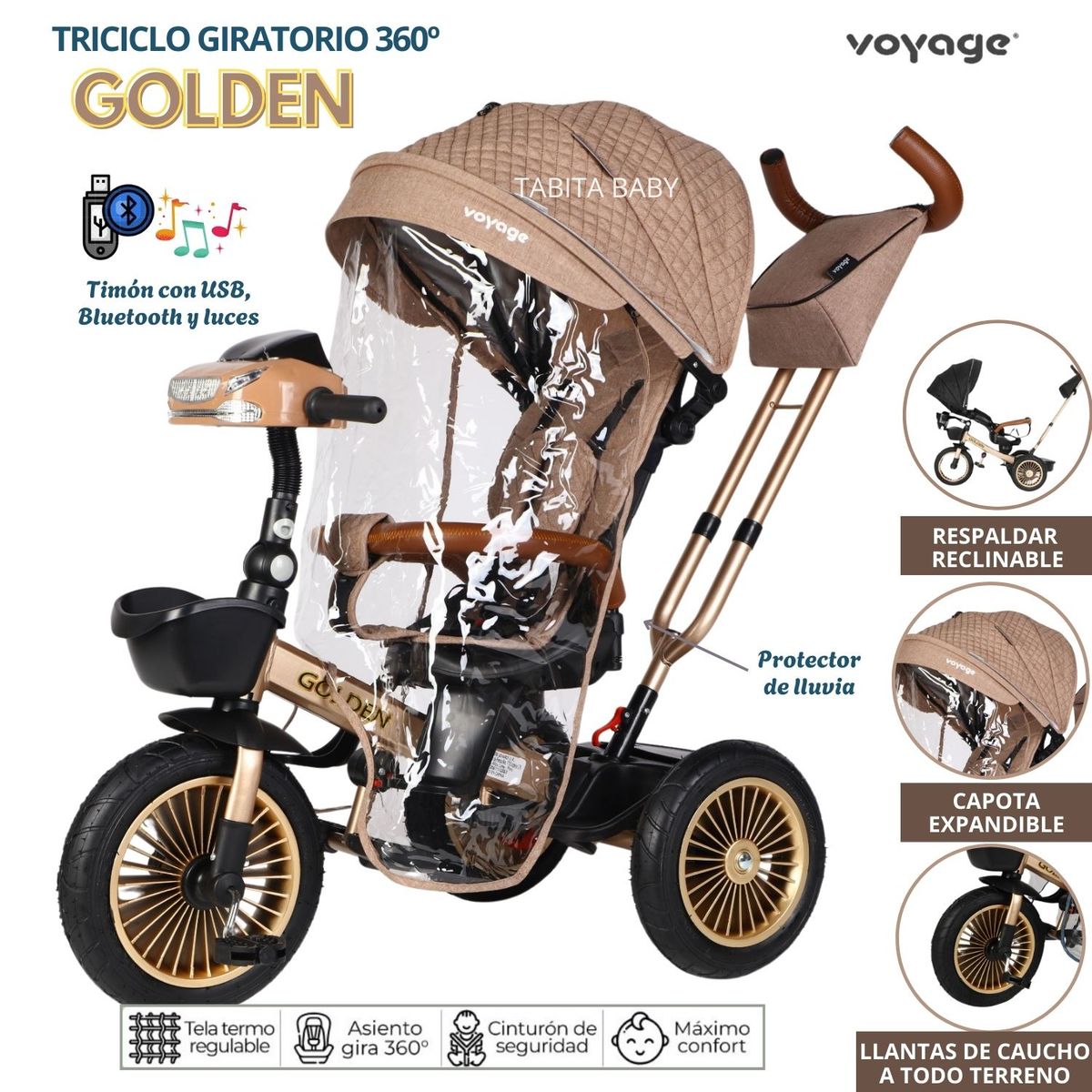 VOYAGE - Triciclo Reclinable Musical y Luces con Protector de lluvia Golden Beige