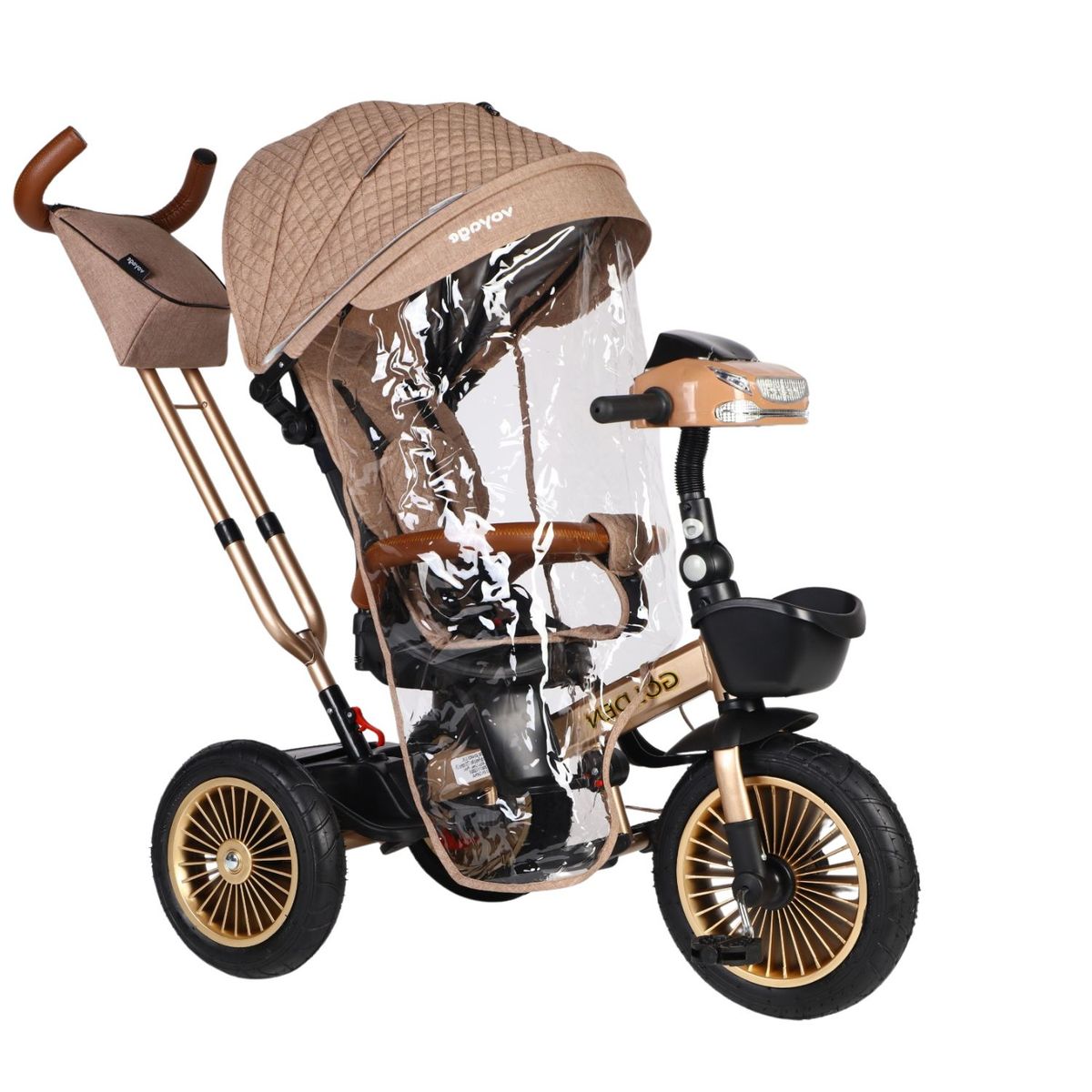 VOYAGE - Triciclo Reclinable Musical y Luces con Protector de lluvia Golden Beige