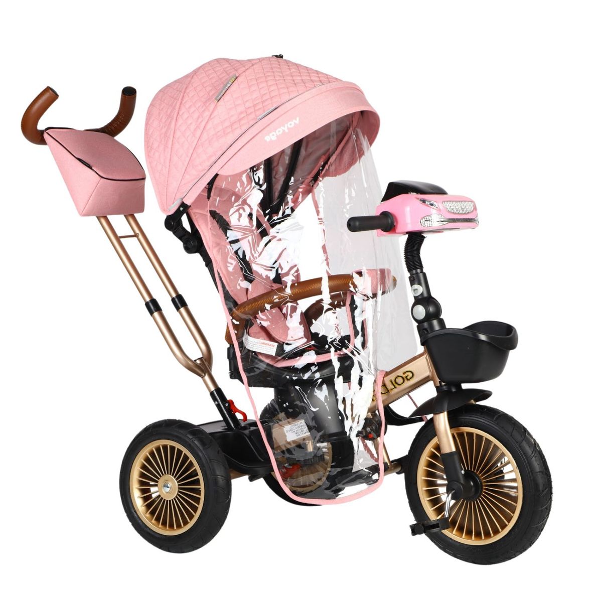 VOYAGE - Triciclo Reclinable Musical y Luces con Protector de lluvia Golden Rosado