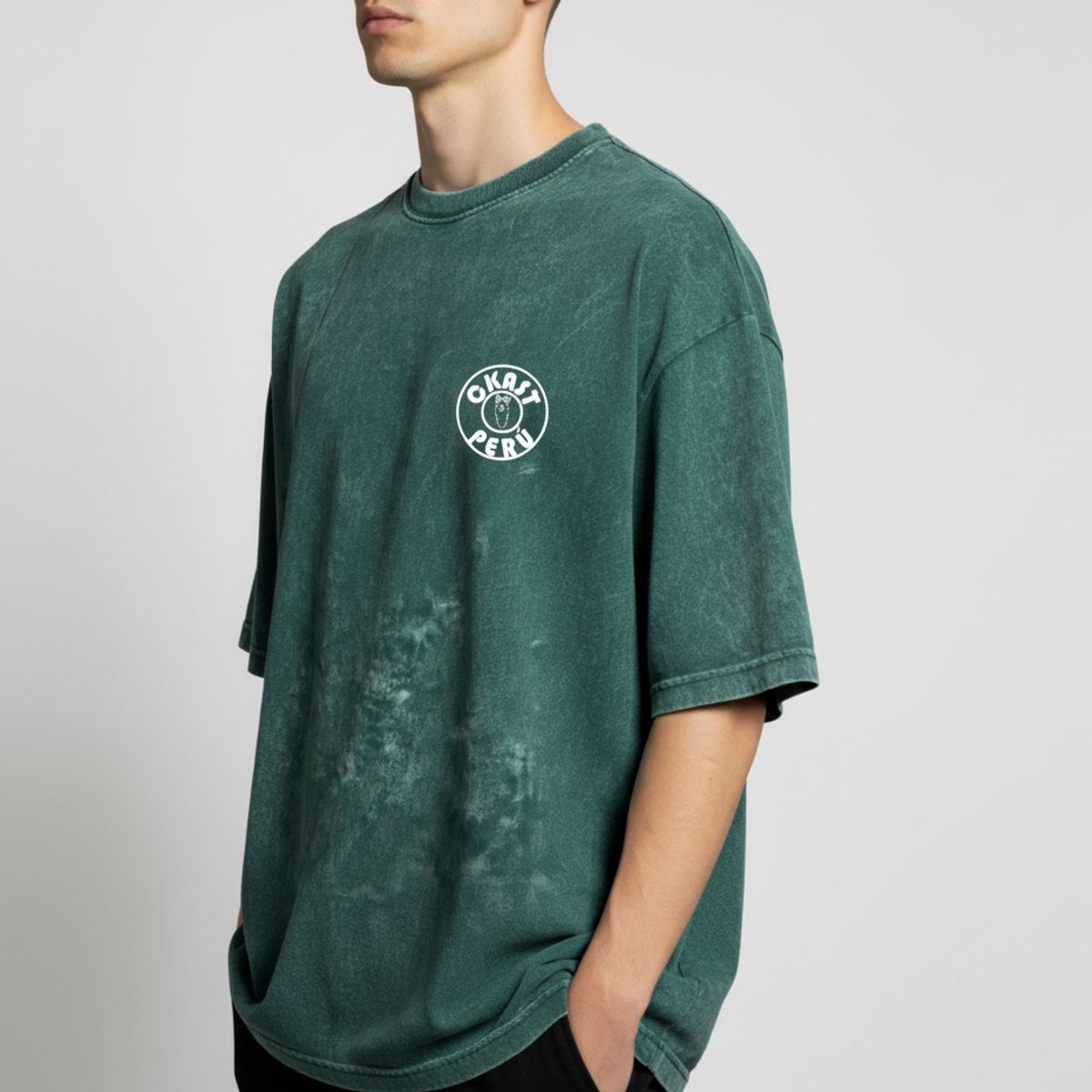 CKAST PERU - Polo Oversize CKAST PERU Acid Wash Verde Hombre Algodón Streetwear Logo Clásico