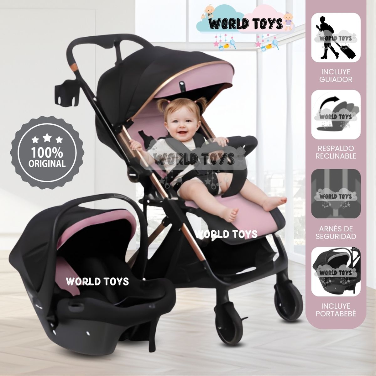 BABY - Coche Maleta Travel System «WIN PRO» con Portabebé Pink