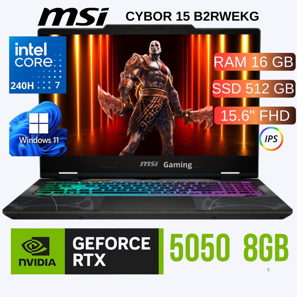 MSI - LAPTOP MSI CYBOR 15 B2RWEKG INTEL CORE 7 240H,Ram16GB SSD 512GB RTX 5050 8GB 15.6"FHD  WIN 11