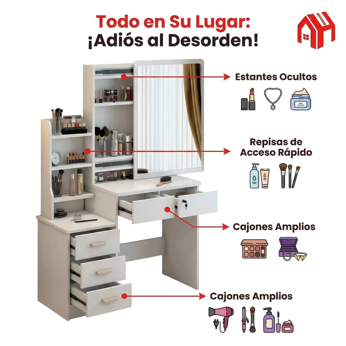ANYHOGAR - Tocador Multifuncional Con Espejo Incorporado Y Taburete