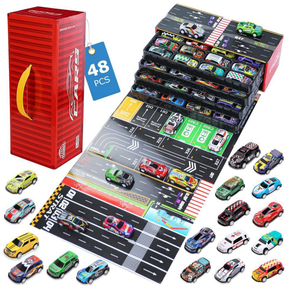 GENERICO - Set de 48 carritos con propulsión caja tablero rojo