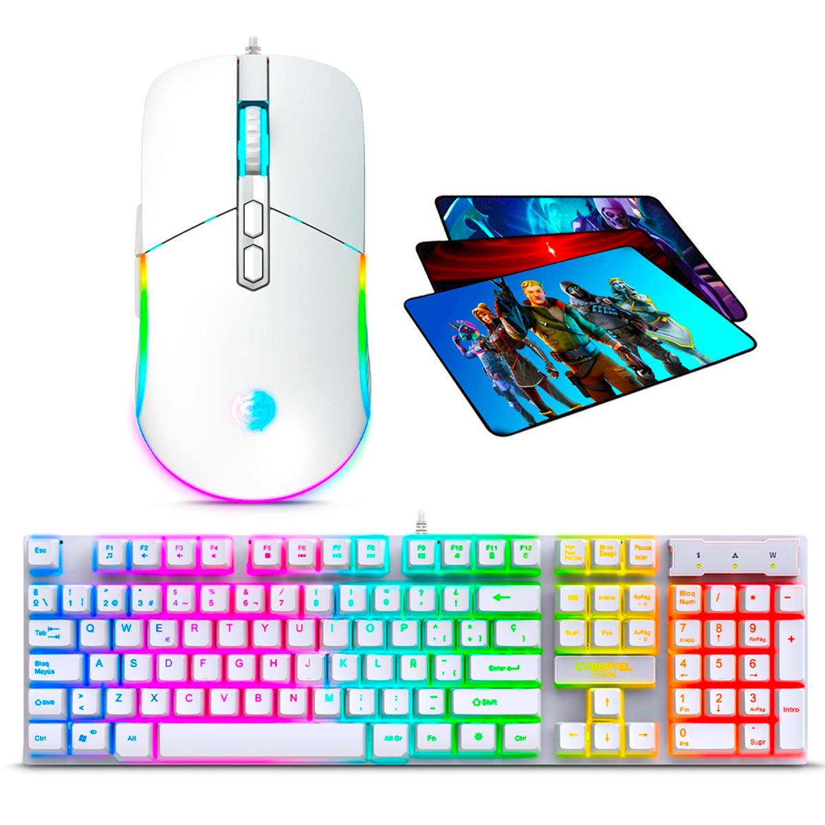 CYBERTEL - Kit Gamer Cybertel 3 en 1 Teclado LED Rainbow + Mouse Gamer RGB USB 7 Botones + Pad - Blanco