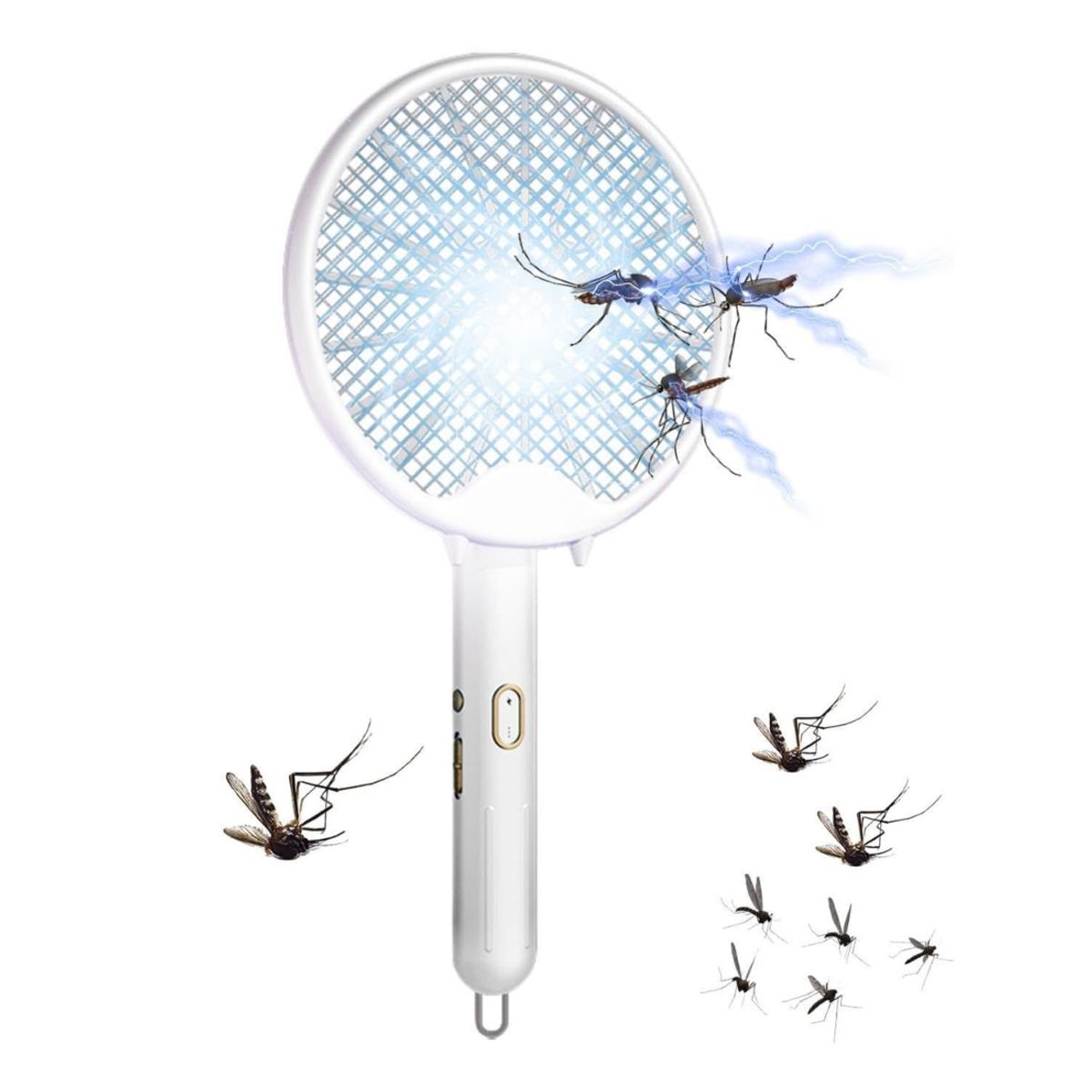 GENERICO - Raqueta Eléctrica Matamosquitos Blanca Plegable Recargable USB con Luz UV
