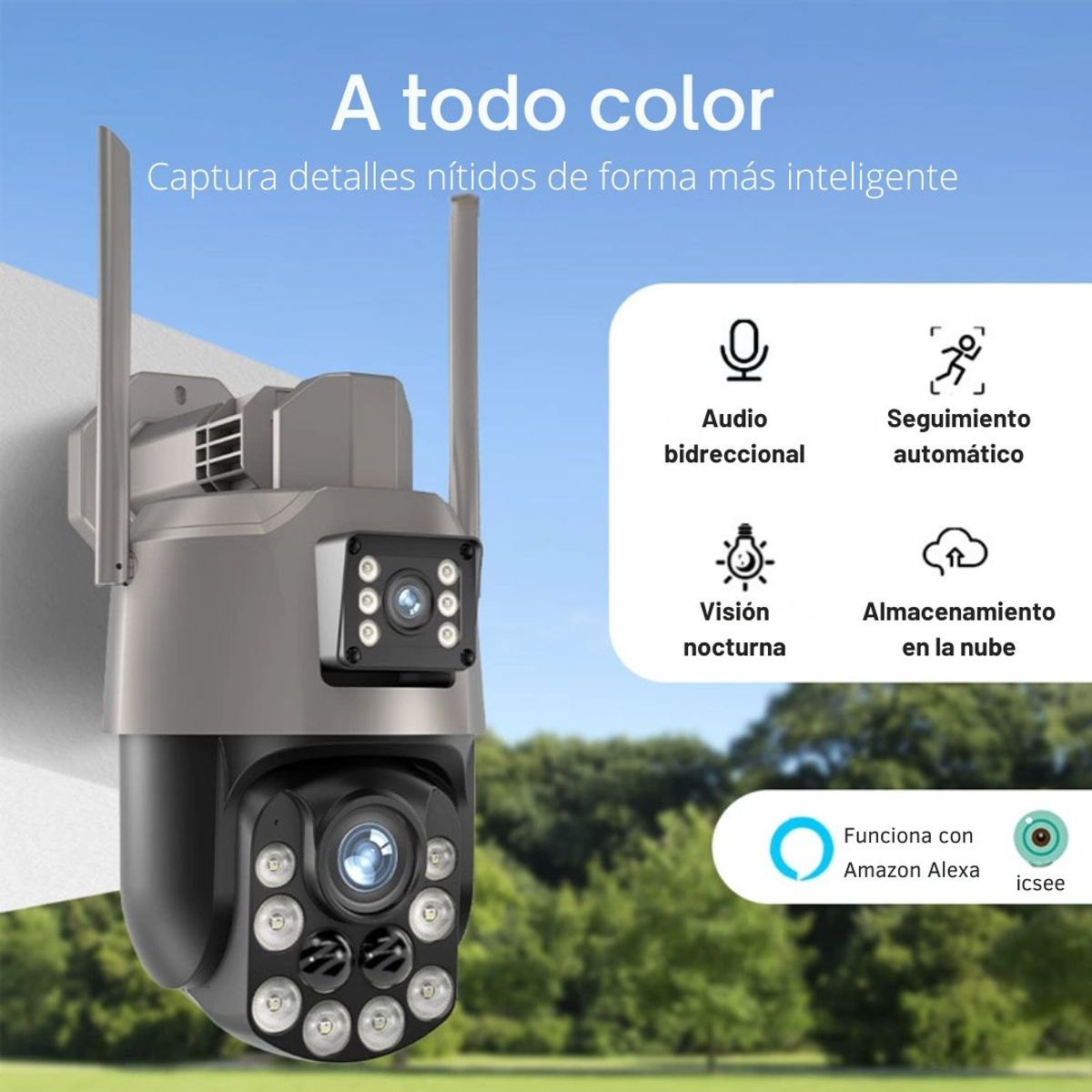 GENERICO - Cámara de Seguridad WiFi PTZ 360° UHD Doble Lente con Zoom Óptico 36X Visión Nocturna Audio y Sirena