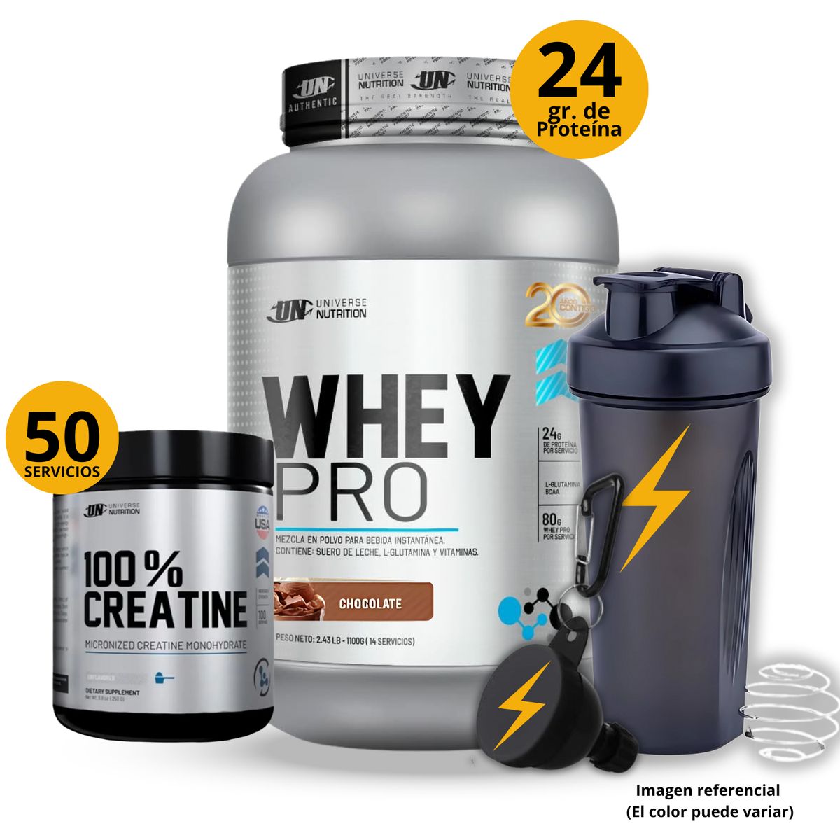 UNIVERSE NUTRITION - PROTEINA WHEY PRO DE 1KG CHOCOLATE + CREATINA CREABOLIC UN 250GR + REGALOS