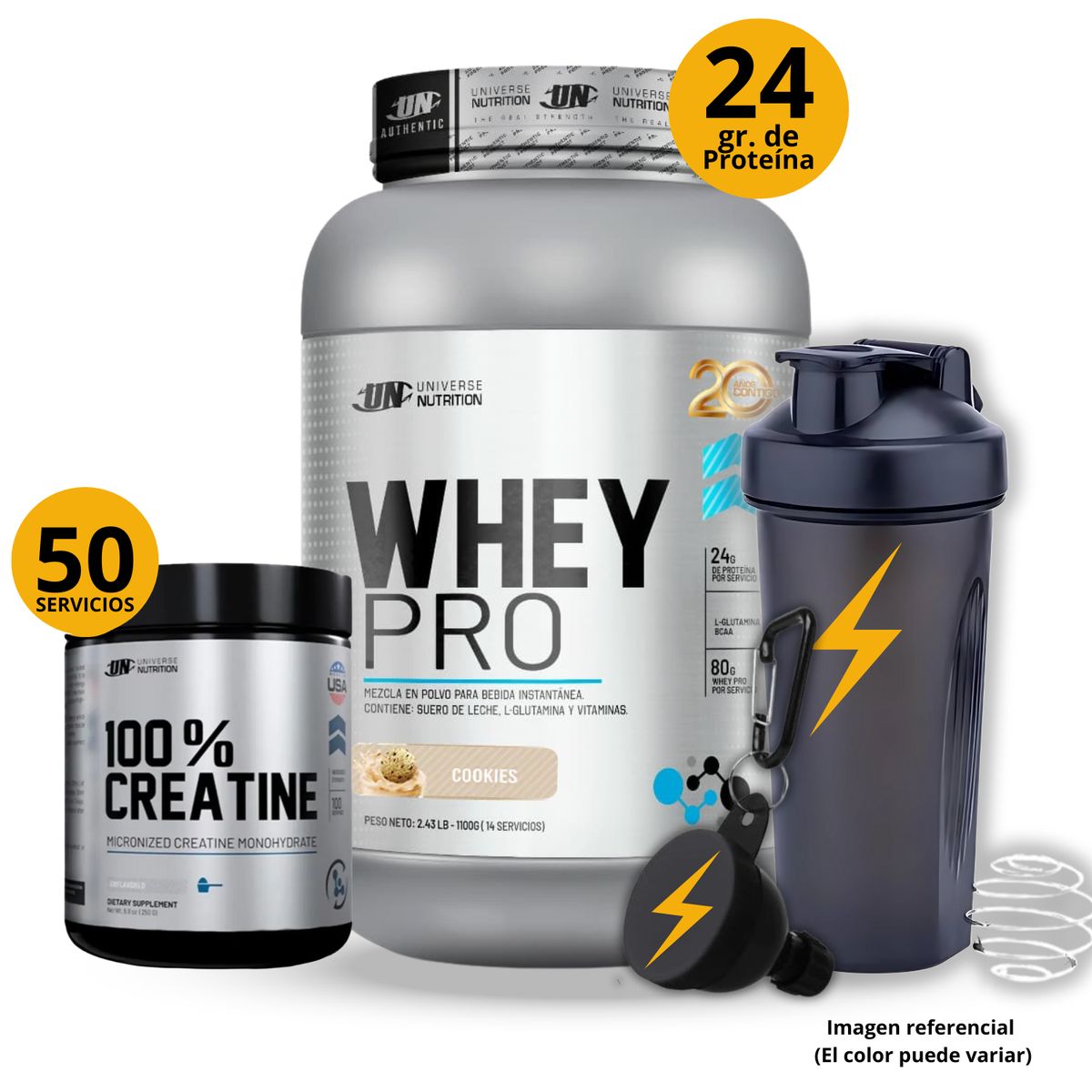 UNIVERSE NUTRITION - PROTEINA WHEY PRO DE 1KG COOKIES + CREATINA CREABOLIC UN 250GR + REGALOS