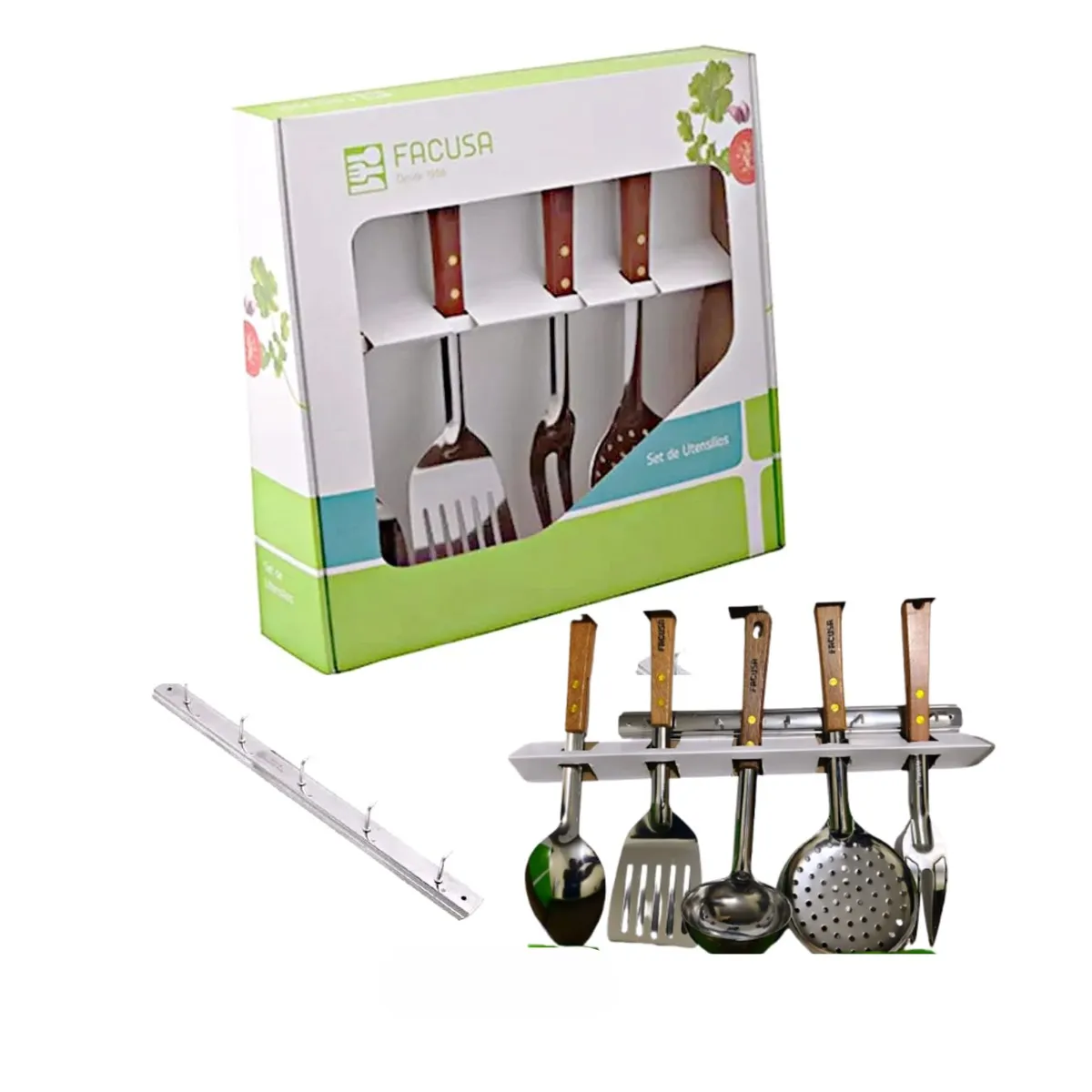 FACUSA - Set de Utensilios x 5 Acero Inox Mango/Madera + Colgador Marca Facusa