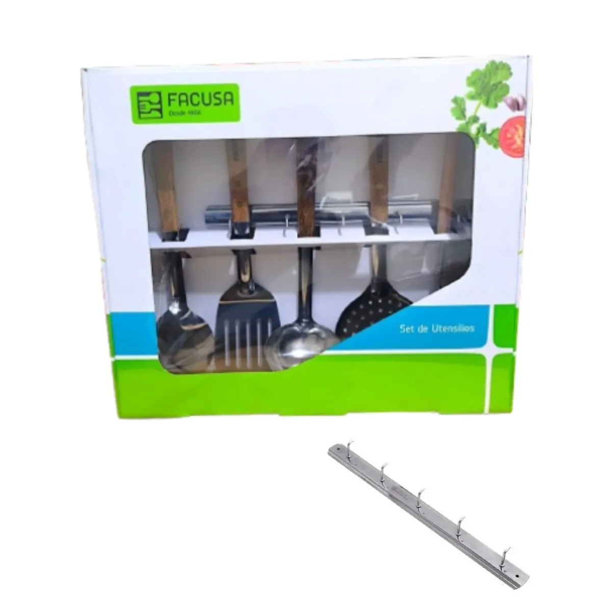 FACUSA - Set de Utensilios x 5 Acero Inox Mango/Madera + Colgador Marca Facusa