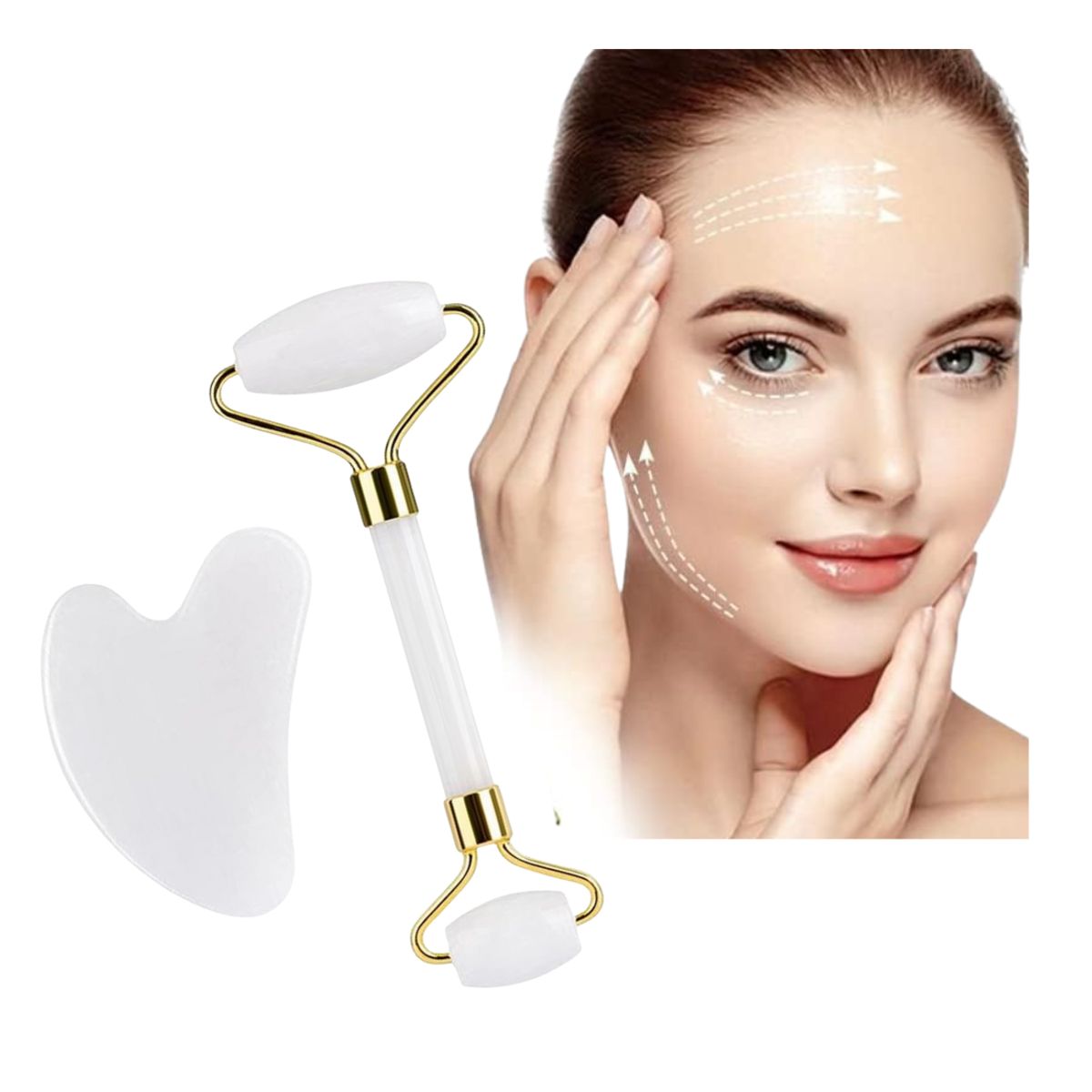 GENERICO - Kit Masajeador Rodillo Facial y Gua Sha de Jade Natural Blanco Masaje Facial y Cuello
