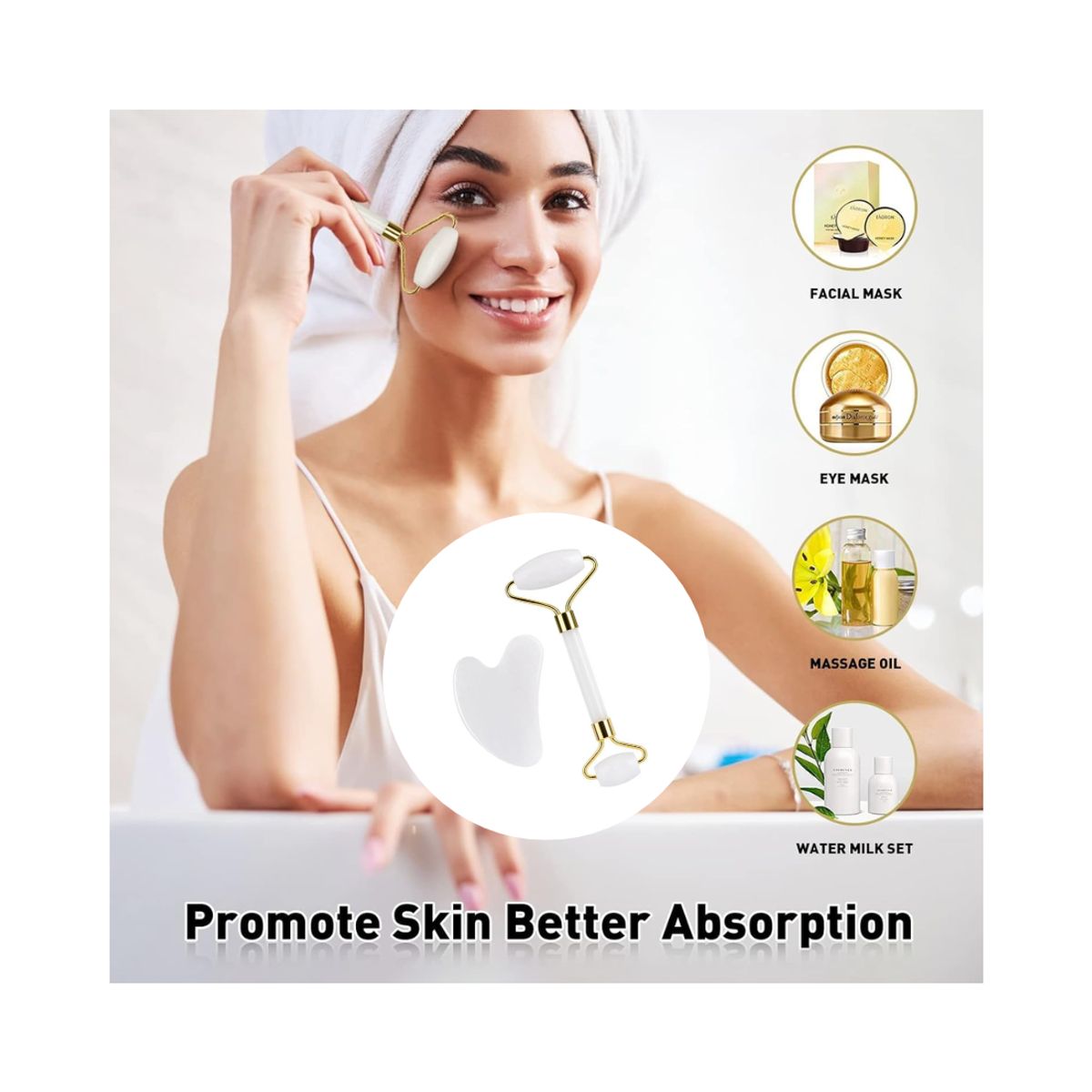 GENERICO - Kit Masajeador Rodillo Facial y Gua Sha de Jade Natural Blanco Masaje Facial y Cuello