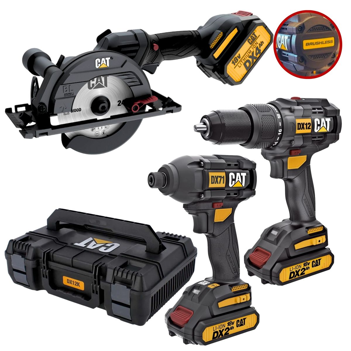 CAT - MEGACOMBO TALADRO PERCUTOR ATORNILLADOR DE IMPACTO AMOLADORA BRUSHLES 18V CAT